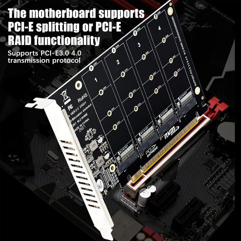 Flylin M.2 NVMe SSD to PCI-E x16 Host Controller Expansion Card, 4 x 64Gbps, 4 Port M Key Hard Drive Converter Reader Expansion Card, with LED Indicator, PCIE NVME Adapter (ph44) - Image 2